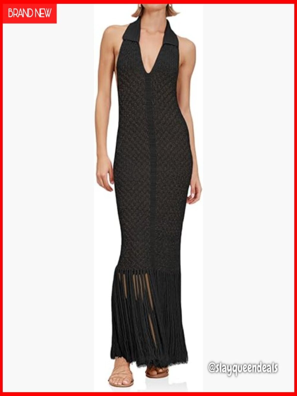 Slim Fit Halter Maxi Dress Crochet Cover Up Backless Fringe Beach